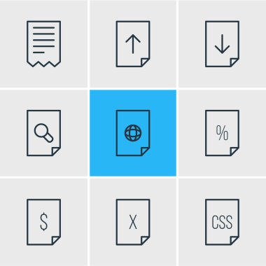 9 dosya simgeleri çizgi stili vektör Illustration. Css, indir, Büyüteç'i ve diğer simge öğeleri düzenlenebilir kümesi.