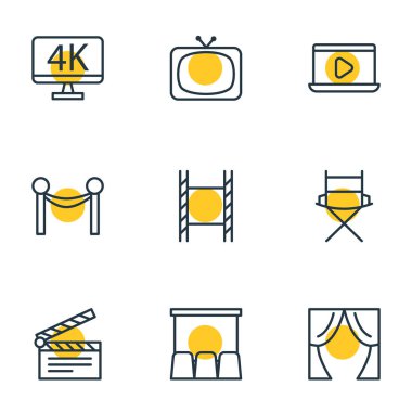 9 sinema simgeler çizgi stili vektör Illustration. Yönetmen koltuğu, dizüstü bilgisayar, televizyon ve diğer simge öğeleri üzerinde film düzenlenebilir kümesi.