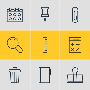 9 araçları simgeler çizgi stili vektör Illustration. PIN, hesap makinesi, küçük resim ve diğer simge öğeleri düzenlenebilir kümesi.