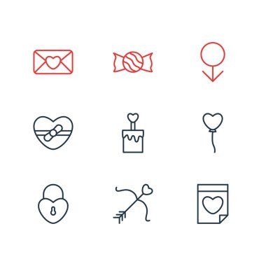 9 amour simgeler çizgi stili vektör Illustration. Düzenlenebilir dizi şeker, pasta, balonlar simgesi öğeleri.