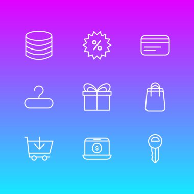 9 simgeleri çizgi stili ticaret vektör Illustration. Askı, çanta, açık artırma ve diğer simge öğeleri düzenlenebilir kümesi.
