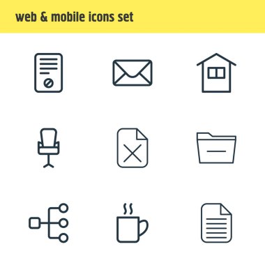 9 office simgeleri çizgi stili vektör Illustration. Yapısı, ban, eksi ve diğer düzenlenebilir kümesi simgesini öğeleri.