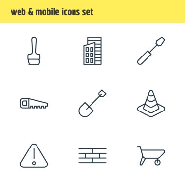 9 yapısını simgeler çizgi stili vektör Illustration. Düzenlenebilir dizi el testeresi, taşıyıcı, fırça simgesini öğeleri.