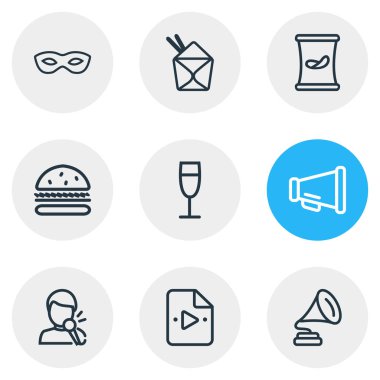 9 vektör çizim simgeler çizgi stilini kutlamak. Gramofon, Çin yemeği, burger ve diğer simge öğeleri düzenlenebilir kümesi.