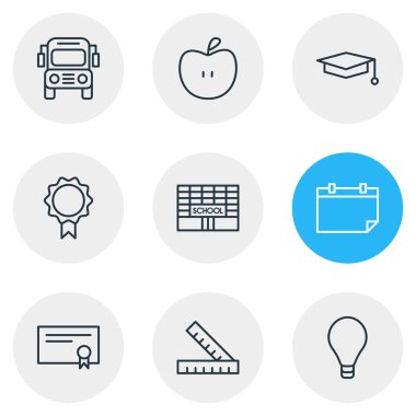 9 eğitim simgeler çizgi stili vektör Illustration. Mezuniyet şapka, Ödülü, takvim ve diğer simge öğeleri düzenlenebilir kümesi.