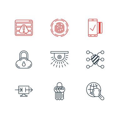 9 veri simgeler çizgi stili vektör Illustration. Düzenlenebilir kümesi erişim reddedildi, parmak izi tarayıcı, cloud veri koruma ve diğer simge öğeleri.