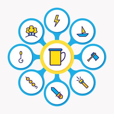 9 Turizm simgeler renkli çizgi vektör Illustration. Tekne, hatmi, kupa ve diğer simge öğeleri düzenlenebilir kümesi.