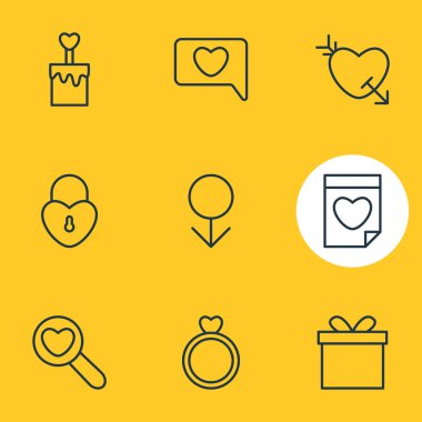 9 aşk simgeler çizgi stili vektör Illustration. Yüzük, tarih, aşk ve diğer simge öğeleri düzenlenebilir kümesi.