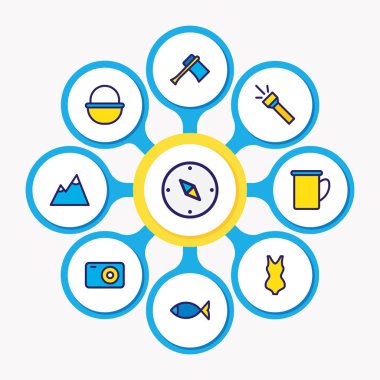 9 Turizm simgeler renkli çizgi vektör Illustration. Flash, balta, pusula ve diğer simge öğeleri düzenlenebilir kümesi.