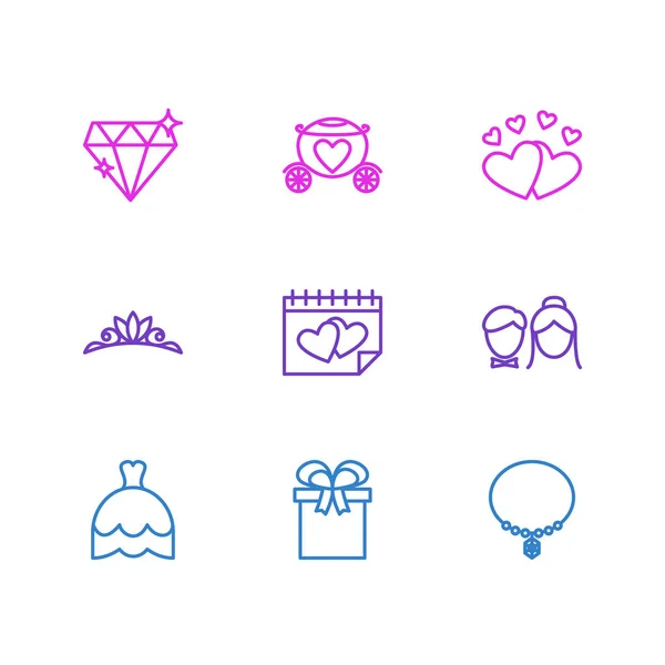 Illustration vectorielle de 9 icônes de mariage style ligne. Ensemble modifiable de robe de mariée, couronne, brougham et autres éléments d'icône . — Image vectorielle