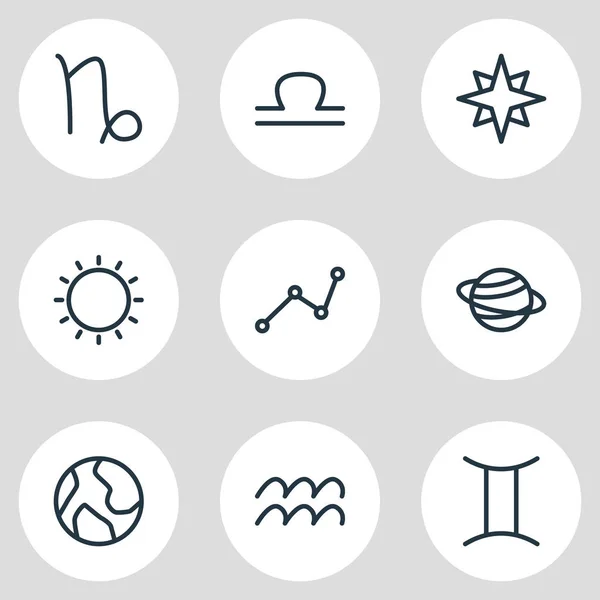 Ilustración vectorial de 9 iconos astrológicos estilo de línea. Conjunto editable de planeta, sol, géminis y otros elementos del icono . — Vector de stock