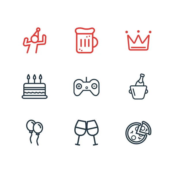 Vektorillustration av 9 part ikoner linjeformat. Redigerbara uppsättning ballong, vinflaska, krona och andra ikonen element. — Stock vektor