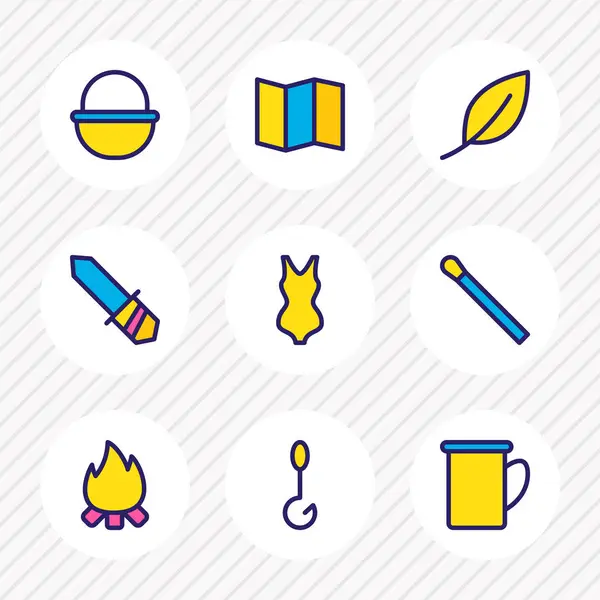 Vektoros illusztráció camping ikonok színes sor 9. Szerkeszthető csoportja, bikini, láng, kés és egyéb ikon. — Stock Vector