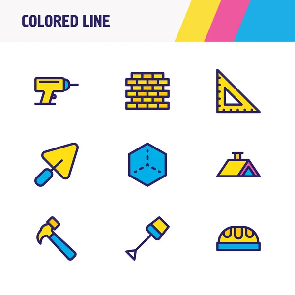 Ilustração vetorial de 9 ícones de arquitetura linha colorida. Conjunto editável de casa 3d, martelo, chapéu de trabalhador e outros elementos de ícone . —  Vetores de Stock