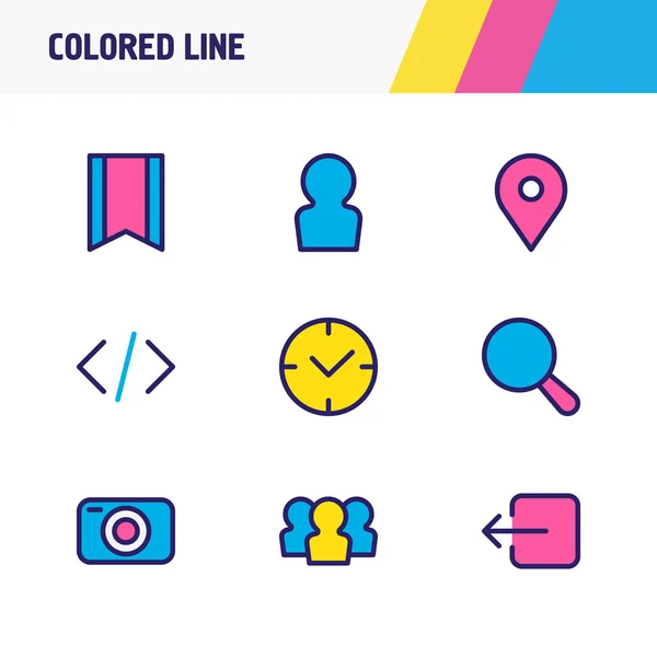 Ilustración vectorial de 9 iconos de aplicaciones de línea de color. Conjunto editable de tiempo, usuario, perfil y otros elementos del icono . — Vector de stock