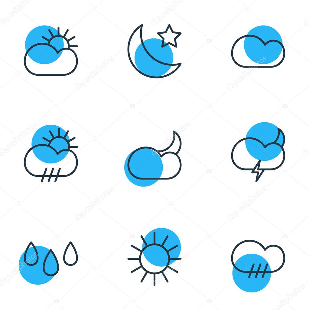 Vector illustration of 9 sky icons line style. Editable set of star, sun, rain and other icon elements.