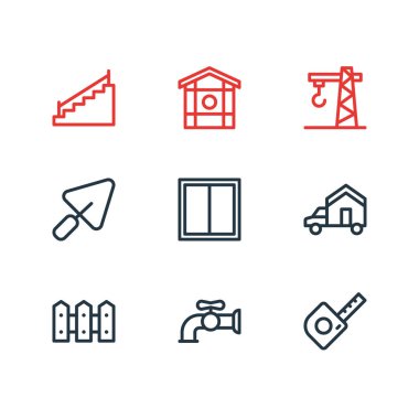9 sanayi simgeleri çizgi stili vektör Illustration. Pencere, merdiven, su vinç ve diğer simge öğeleri düzenlenebilir kümesi.