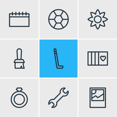 9 hobi simgeleri çizgi stili vektör Illustration. Futbol, takvim, yüzük ve diğer simge öğeleri düzenlenebilir kümesi.