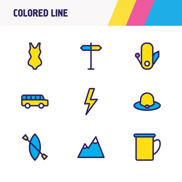 Ilustração vetorial de 9 ícones de acampamento linha colorida. Conjunto editável de chapéu, montanha, relâmpago e outros elementos de ícone . —  Vetores de Stock