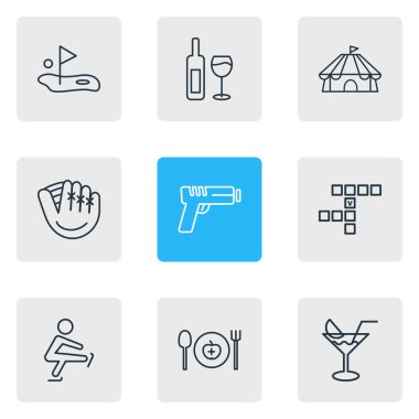 9 eğlence simgeler çizgi stili Illustration. Kokteyl, cirque, golf ve diğer simge öğeleri düzenlenebilir kümesi.