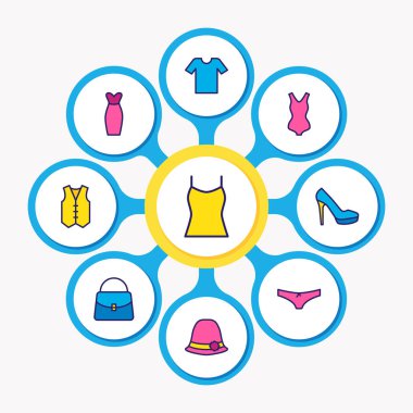 9 Giysi simgeler renkli çizgi gösterimi. Gece elbisesi, çanta, iç çamaşırı ve diğer simge öğeleri düzenlenebilir kümesi.