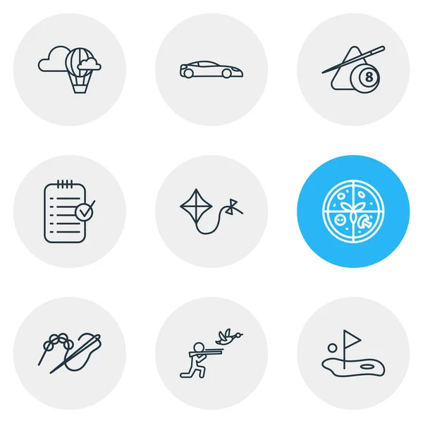 Illustrazione di 9 hobby icone linea stile. Set modificabile di aquiloni, biliardo, golf e altri elementi icona . — Foto Stock