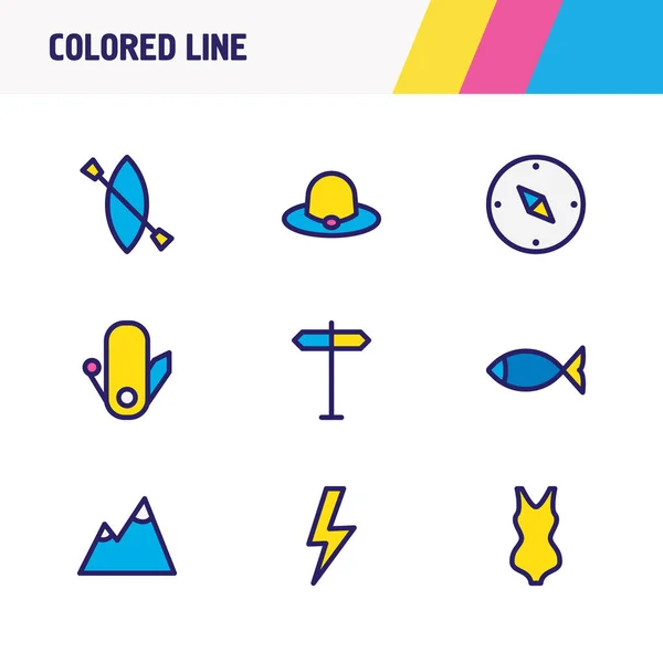 Illustration de 9 icônes touristiques ligne colorée. Ensemble modifiable de boussole, chapeau, poisson et autres éléments d'icône . — Photo