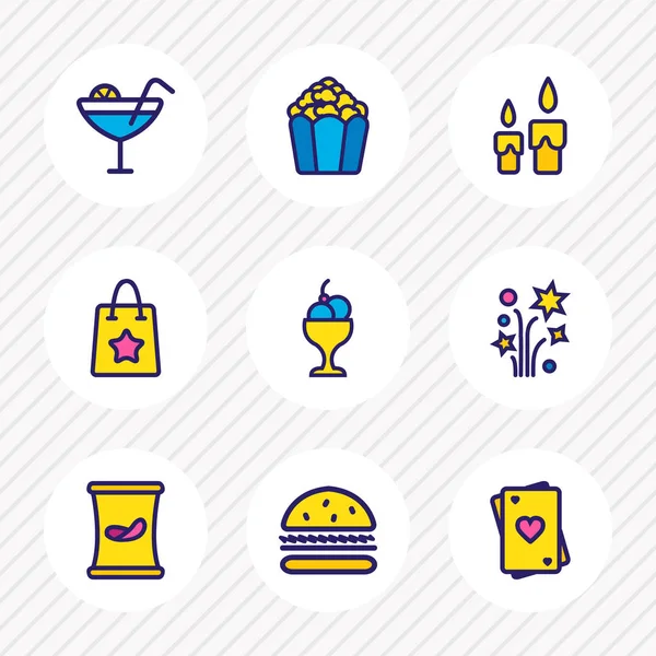 illustration of 9 event icons colored line. Editable set of popcorn, playing cards, gift bag and other icon elements.