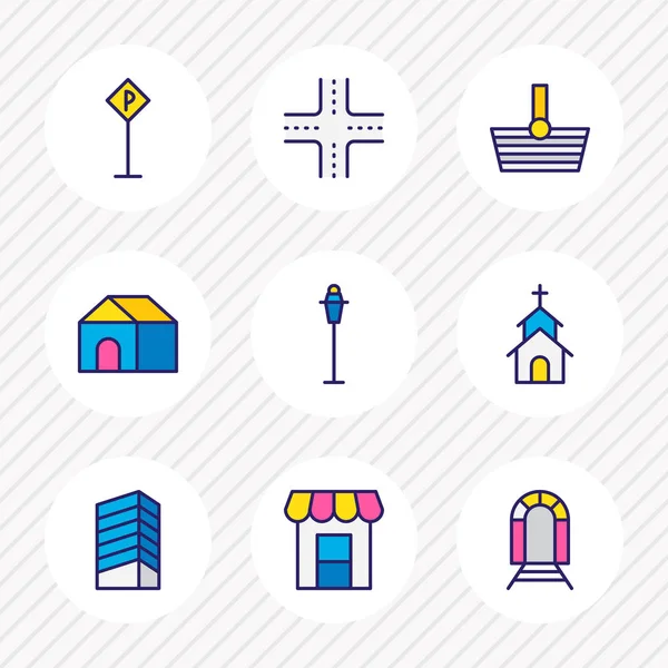 Abbildung von 9 Symbolen farbige Linie. Editierbares Set von Schaufenster-, Eisenbahn-, Haus- und anderen Symbolelementen. — Stockfoto