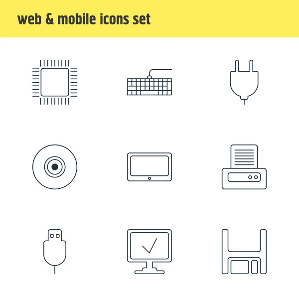 illustration of 9 notebook icons line style. Editable set of plug, smartphone, access approved and other icon elements.