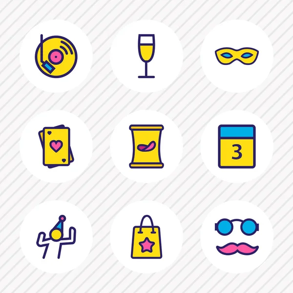 Illustrazione di 9 icone evento linea colorata. Set modificabile di mascherata, patatine fritte, uomo danzante e altri elementi icona . — Foto Stock