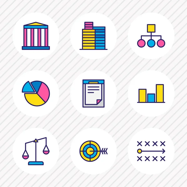 illustration of 9 business icons colored line. Editable set of buildings, document, strategy and other icon elements.