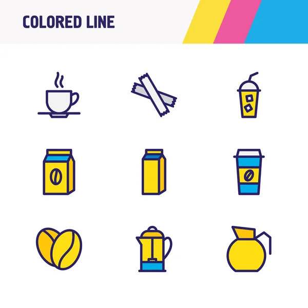 illustration of 9 coffee icons colored line. Editable set of product, cup of coffee, coffee to go and other icon elements.