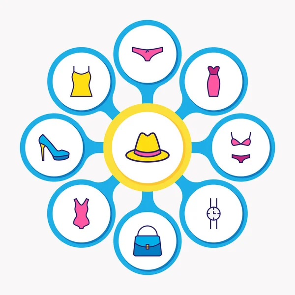 Ilustração de 9 ícones de vestuário colorido linha. Conjunto editável de roupa interior, sapato feminino, relógio e outros elementos de ícone . — Fotografia de Stock