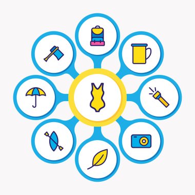 9 kamp simgeler renkli çizgi vektör Illustration. Kayık, sırt çantası, kupa ve diğer simge öğeleri düzenlenebilir kümesi.