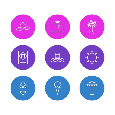 9 sezon simgeler çizgi stili vektör Illustration. Dondurma, Güneş, şemsiye ve diğer simge öğeleri düzenlenebilir kümesi.