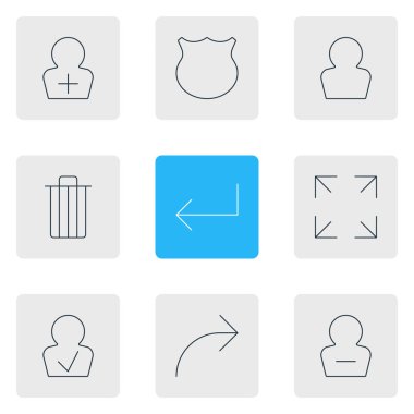 9 UI simgeler çizgi stili vektör Illustration. Silme hesap, tam ekran, çöp ve diğer simge öğeleri düzenlenebilir kümesi.