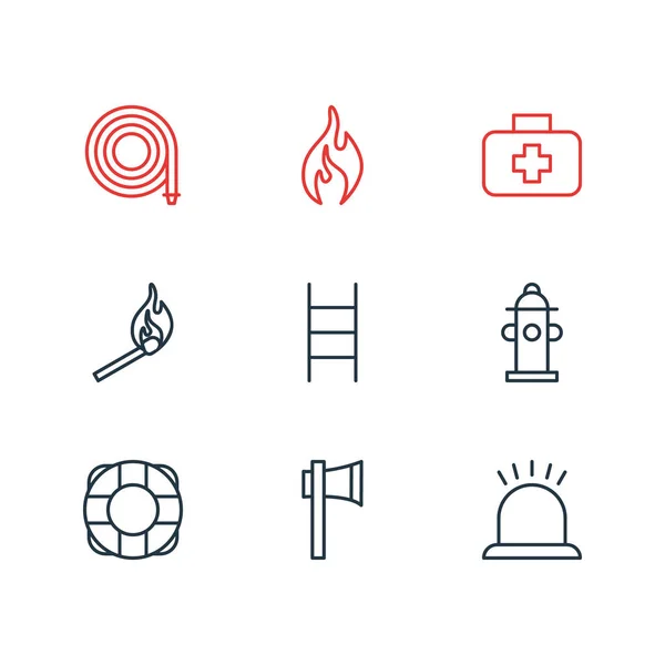 Ilustracja wektorowa 9 dodatkowe ikony stylu linii. Można edytować zestaw syreny, hydrant, węża i inne elementy ikony. — Wektor stockowy