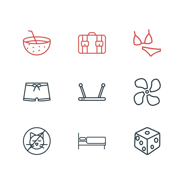 Vektoros illusztráció 9 utazási ikonok vonalstílust. Szerkeszthető csoportja, bikini, kaszinó, ventilátor és egyéb ikon. — Stock Vector