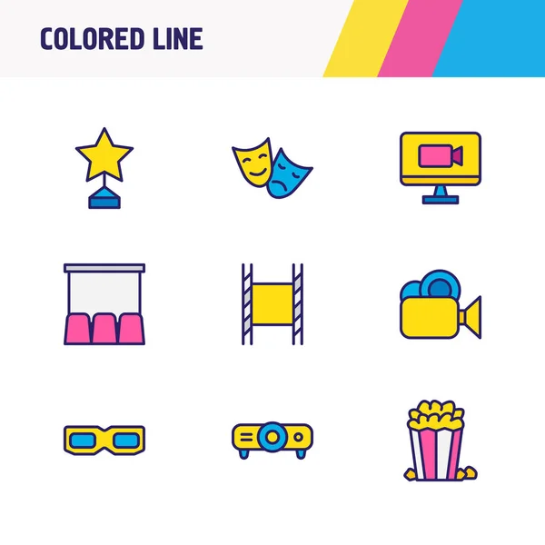 Ilustración de 9 iconos de la película línea de color. Conjunto editable de gafas 3d, película en línea, palomitas de maíz y otros elementos del icono . —  Fotos de Stock