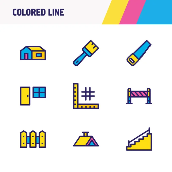 Illustration de 9 icônes de l'industrie ligne colorée. Ensemble modifiable de planification, scie, barrière et autres éléments d'icône . — Photo