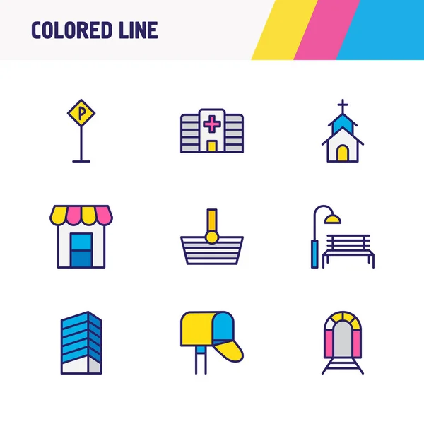 Ábra 9 infrastruktúra ikonok színes vonal. A jel, a templom, a vásárlás és a ikon elemeivel szerkeszthető készlet. — Stock Fotó