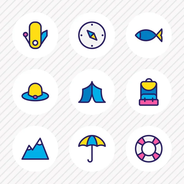 Ілюстрація 9 іконок табору кольорової лінії. Елегантний набір компаса, капелюха, парасольки та інших елементів піктограми . — стокове фото