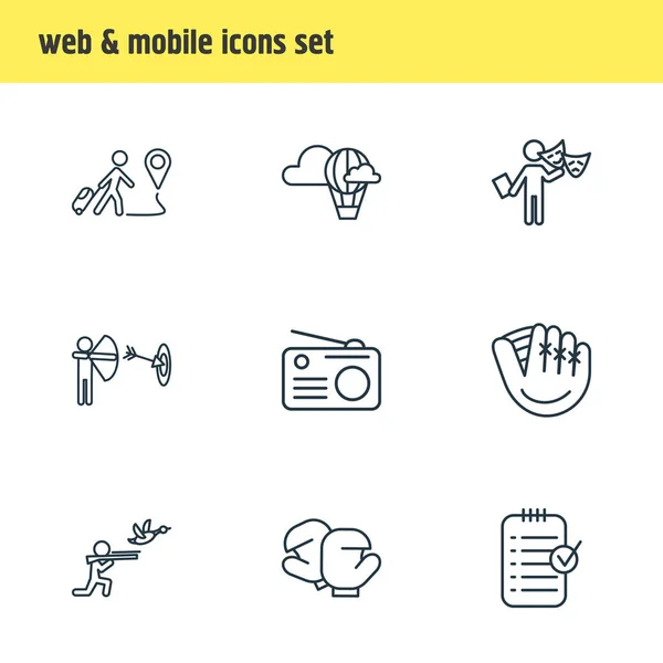 illustration of 9 hobby icons line style. Editable set of hot air balloon, radio, boxing and other icon elements.