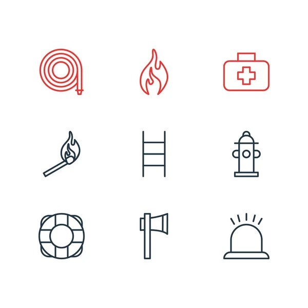 Ilustración de 9 iconos de emergencia estilo de línea. Conjunto editable de sirena, hidrante, manguera y otros elementos del icono . — Foto de Stock