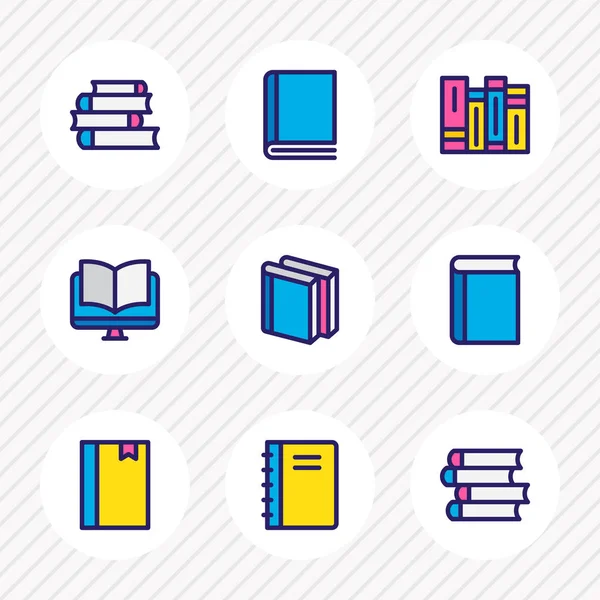 Illustratie van 9 boekpictogrammen lezing gekleurde lijn. Onderwijs, leerboek, Kladblok en andere elementen van het pictogram bewerkbaar set. — Stockfoto
