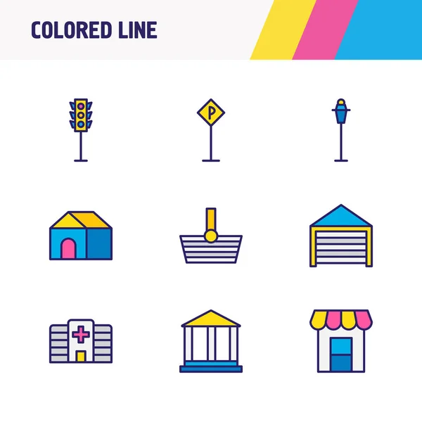 Ábra 9 infrastruktúra ikonok színes vonal. A közlekedési lámpa, fény utcai, garázs és egyéb ikon szerkeszthető készlet. — Stock Fotó