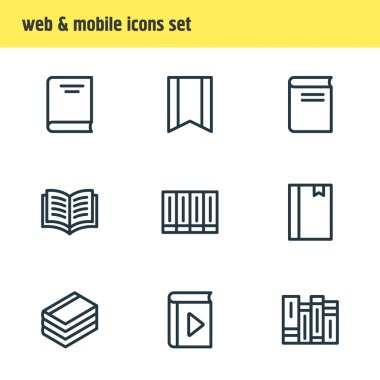 9 eğitim simgeler çizgi stili vektör Illustration. Ansiklopedi, Not defteri, yayın ve diğer simge öğeleri düzenlenebilir kümesi.