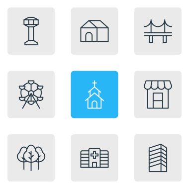 9 şehir simgeler çizgi stili vektör Illustration. Kilise, ağaç, hastane ve diğer simge öğeleri düzenlenebilir kümesi.