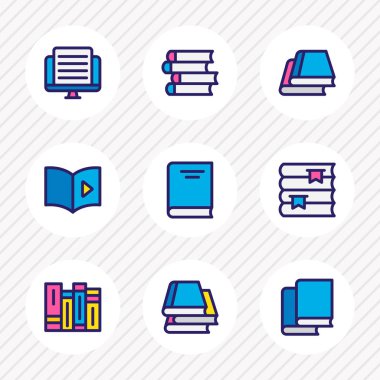 9 eğitim simgeler renkli çizgi vektör Illustration. Kitaplık, düzenlenebilir kümesini yayımlamak, Kütüphane ve diğer simge öğeleri.
